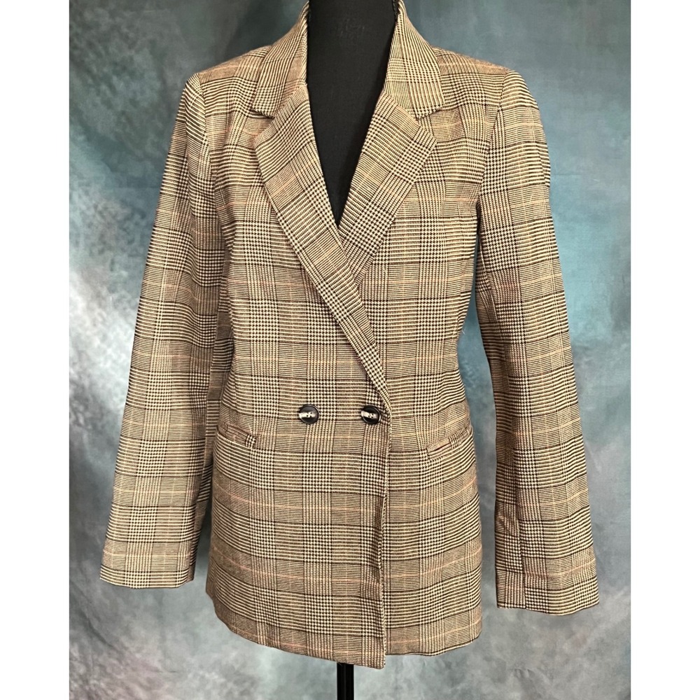 COTTON ON Plaid Blazer Size 4 US Double Breasted Career Jacket Tan Brown